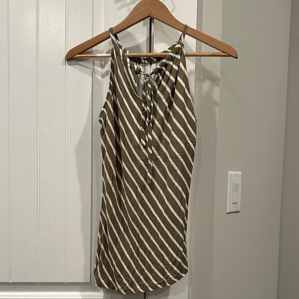 New York & Company Olive and White Striped Blouse